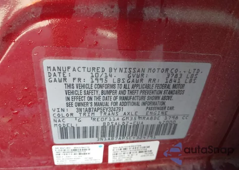 2014 Nissan Sentra Sv from USA, damaged, VIN 3N1AB7AP5EY324791